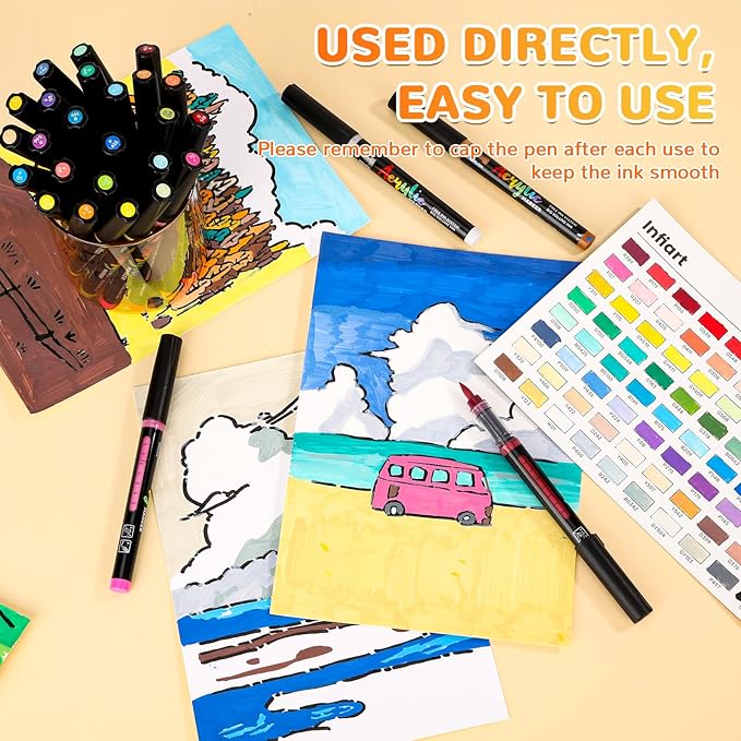 60 Colors Acrylic Paint Markers Brush Tip, Automatic Ink Control Acrylic Paint Pens Waterproof Acrylic Markers Set for Holiday Decorations, Stone, Wood, Glass, DIY & Art Supplies