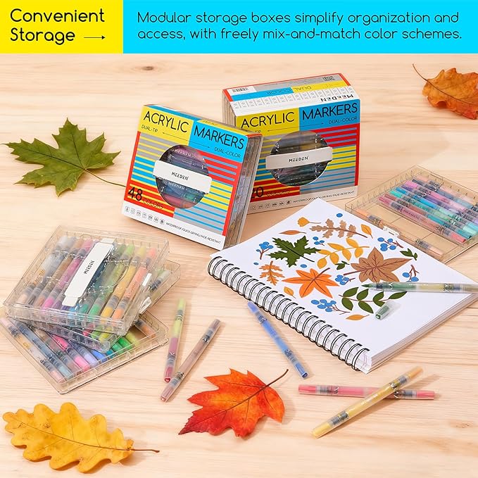 MEEDEN Acrylic Paint Markers Dual Tip: 48 Colors/24 Pcs Brush Tip Acrylic Marker with Automatic Ink Control for Art Supplies - Quick Dry Paint Pens for Rock, Wood, Glass, Easter Basket Stuffers