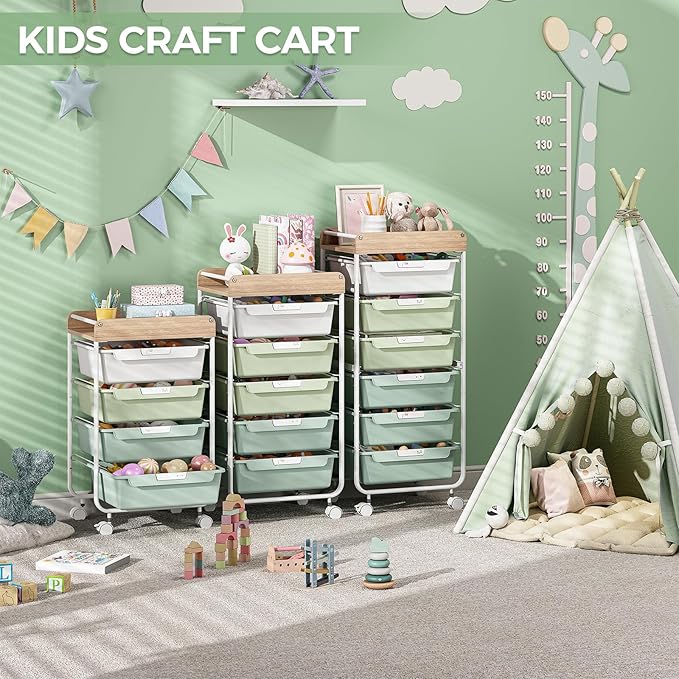 SYKIARIOL Rolling Storage Utility Cart with 4 Drawers,Kids Craft Art Cart,Makeup Organizer and Storage with Wooden Tabletop,Green
