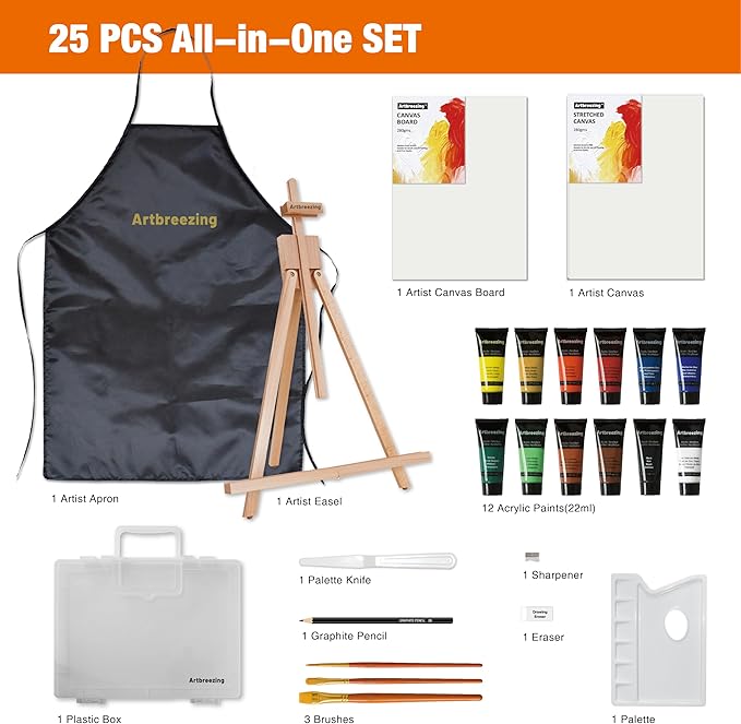 Artbreezing Acrylic Paint Set with Tabletop Easel, Acrylic Paints, Canvases, Brushes, Apron, Storage Box, All-in-One Giftable Art Set for All Skill Levels, Ideal for Adults, Kids,Total 25-piece.