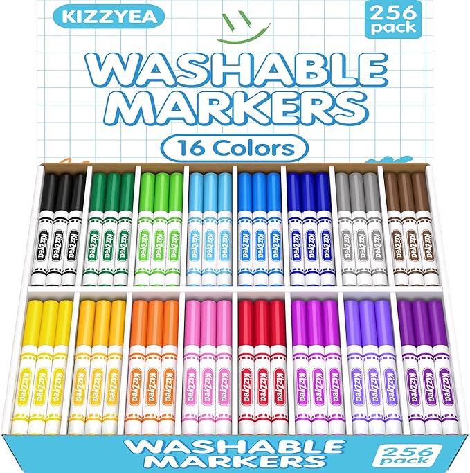 KIZZYEA Washable Markers Bulk, Markers for Kids, 16 Assorted Colors, 256 Count, Broad Line Coloring Marker for School, Student Art Supplies & Back to School Craft, Classroom Essentials for Teachers