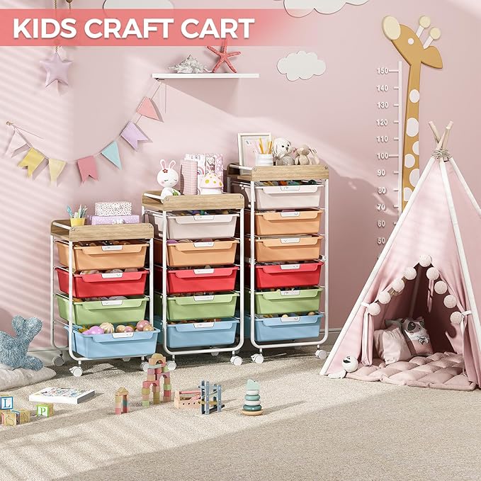 6 Drawer Rolling Cart for Craft Storage,Utility Drawer Organizer with Handle and Wooden Top,Storage on wheels for Office, Classroom,Laundry,Garage,Snack,Art Supply,Rainbow