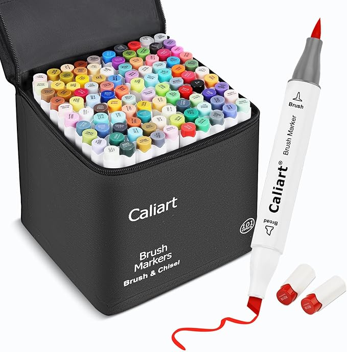 Caliart 101 Colors Alcohol Markers Brush Tip, Dual Tip Brush & Chisel Permanent Art Markers for Adult Coloring Books, Drawing, Sketching, Illustration, with Carrying Case for Artists & Beginners