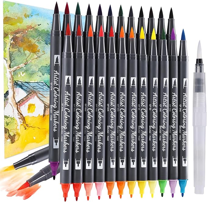 TOSHARE 24 Colors Blendable Watercolor Markers for Adults 2026 Professional Double Tip Paint Pens with 1 Water Brush Pen Water Based Coloring Pens Drawing Markers Set with Flexible Brush Tip