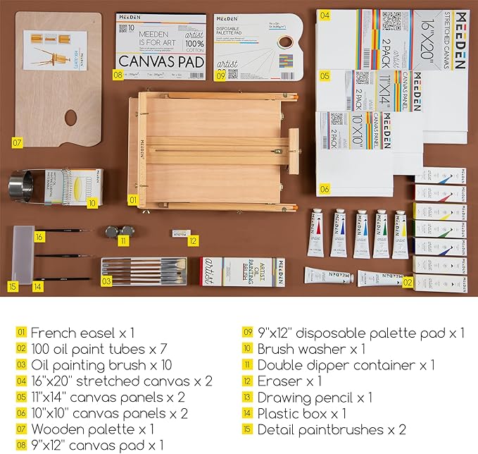 MEEDEN Oil Painting Set with French Easel, Paint Kit with Easel,7x100ml/3.38oz Paint, Paintbrushes,Canvas & Oil Painting Supplies for Adults &Artists