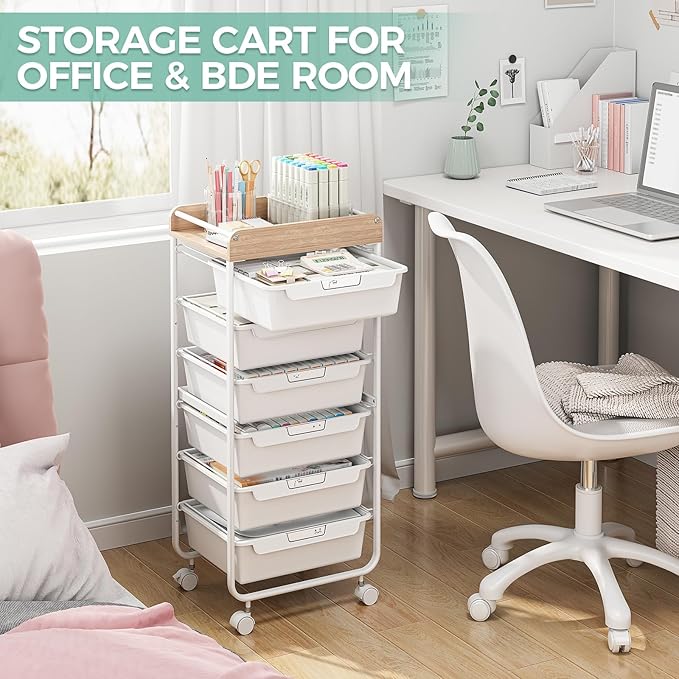 6 Drawer Rolling Cart for Craft Storage,Utility Drawer Organizer with Handle and Wooden Top, Storage on wheels for Office, Classroom,Laundry，Garage, Snack,Art Supply,White