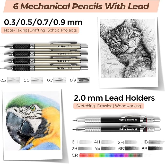 Nicpro 58 PCS Art Drawing Supplies Kit in Leather Case, Art Mechanical Pencil Set with Metal Drafting Pencil 0.3 & 0.5 & 0.7 & 0.9 & 2mm, 12 Micron Pen, Sketch Book, 30 Tube Lead Refills for Sketching