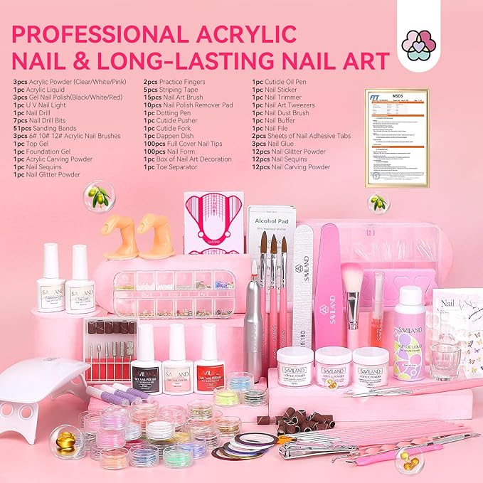 SAVILAND Acrylic Nail Kit with Drill: Professional Acrylic Nail Set for Beginners with Everything U V Light 3 Colors Gel Polish Decorations Nails Tools for Home Salon Use Christmas Gift Set