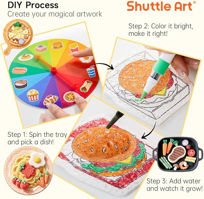 Shuttle Art 104 Pcs Magic Foam Texture Painting Kit – Food Series: 34 Food Foam Pieces, Paper Plates, Forks & Knives, 12 Acrylic Paint Markers, Magical 3D Effect DIY Art Craft for Kids Ages 3-12