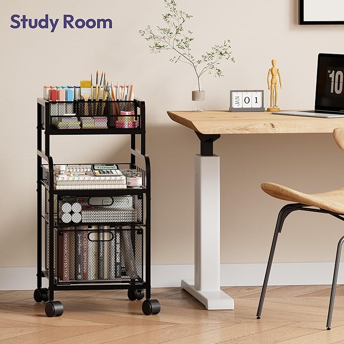 SWTYMIKI Rolling Cart with Drawers - Metal Craft Cart with Wheels, DIY Divider and Wood Shelf, Art Supply Organizer for Under Desk Storage, Utility Storage Cart for Home Office Studio, Black