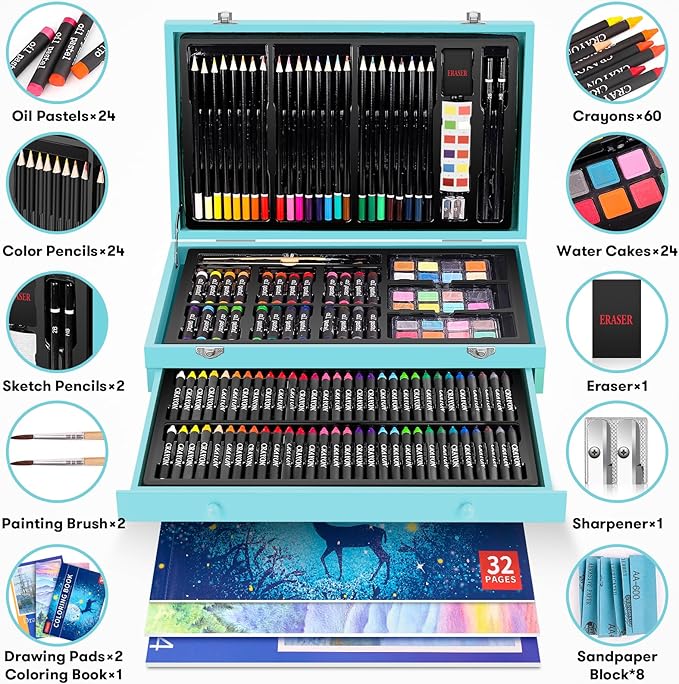iBayam Arts and Crafts Gifts for Kids 6-14 Year Teens Boys Girls Christmas Gifts, 150-Pack Art Set Kits with 2 Sketch Pads, Coloring Book, 24 Colored Pencils, 24 Oil Pastels, 24 Watercolor, 60 Crayons