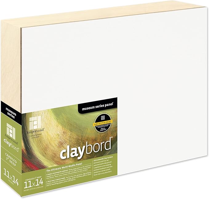 Ampersand Art Supply Claybord | 11" x 14" | 2" Cradled Profile | Kaolin Clay Painting Panel for Acrylic, Ink, Watercolor & Mixed Media | Canvas & Paper Alternative