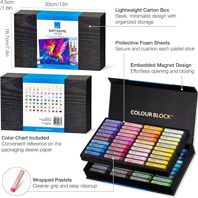 COLOUR BLOCK Soft Pastels for Artists - 80 Colors Square Chalk Soft Pastels Art Set in CARBON Box - Vibrant Pigments Art Kit for Painting, Drawing, Sketching, Hobbyist.