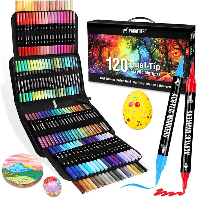 120 Colors Acrylic Paint Markers, Dual Tip Fine and Brush Tips Pens Contain 24 Metallic Color for Stone, Wood, Calligraphy, Canvas, Ceramic, Metal, Glass, Rock Painting, DIY Crafts Art Supplies Kit