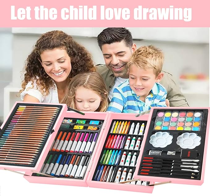 KINSPORY Art Set, 139 Pack Painting Drawing Art Supplies Kit with 2 Sketch Pads, Deluxe Double Layers Art Set Crafts, Colored Pencils, Oil Pastels, Watercolor Paints, Gift for Artists Kids (Rose Pink)
