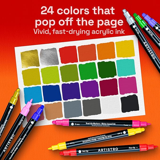 ARTISTRO 24 Precision Dual-Tip Acrylic Paint Markers – Paint Pens Set with Dot & Fine Tips for Fabric, Rock, Glass, Wood, Coloring Books – Classroom & Art Supplies Gift – Teacher Appreciation Gift