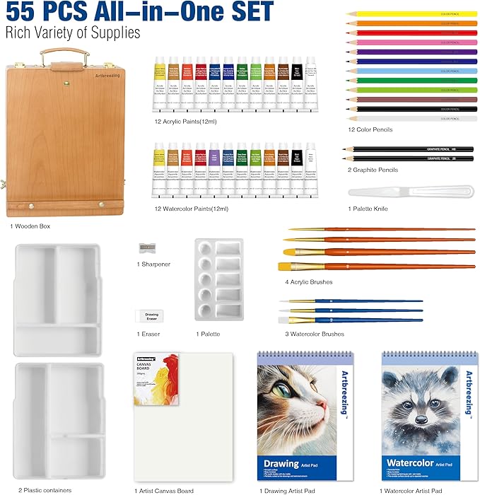 Mixed Media Art Set,55 Pack Painting Supplies Kit with Tabletop Sketch Box Easel and Various Accessories,Complete Painting Set for Students Artists Beginners