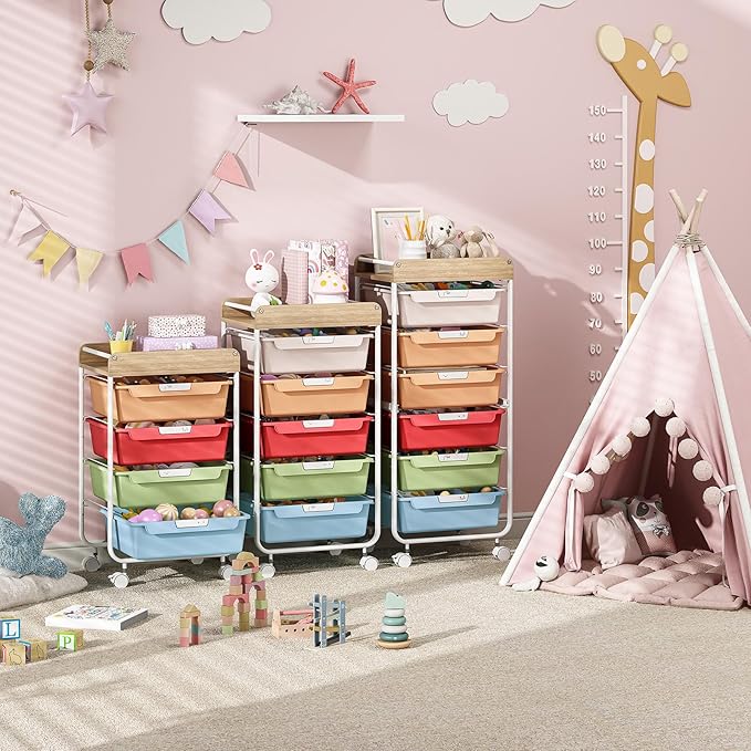 SYKIARIOL Rolling Cart with 6 Drawers,Utility Storage Cart with Drawers,Art Craft Organizers and Storage,Makeup Organizer with Wooden Tabletop,Rainbow