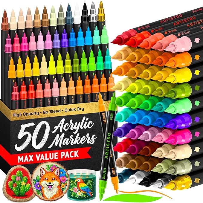 ARTISTRO 50 Dual Tip Acrylic Paint Markers, Paint Pens, Drawing Markers for Textile, Rock, Glass, Wood, Paper, Ceramic, Canvas, DIY - Art Supplies Kit for Kids and Adults (Brush + Fine)