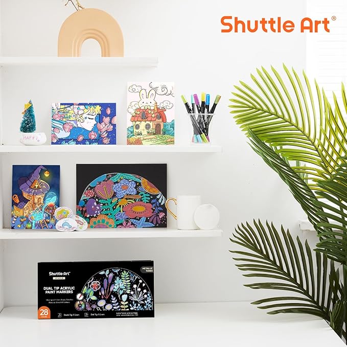 Shuttle Art 28 Metallic Colors Dual Tip Acrylic Paint Markers, Brush Tip and Dot Tip Acrylic Paint Pens for Rock, Ceramic, Wood, Canvas, Plastic, Glass, Stone, Calligraphy, Card Making, DIY Crafts