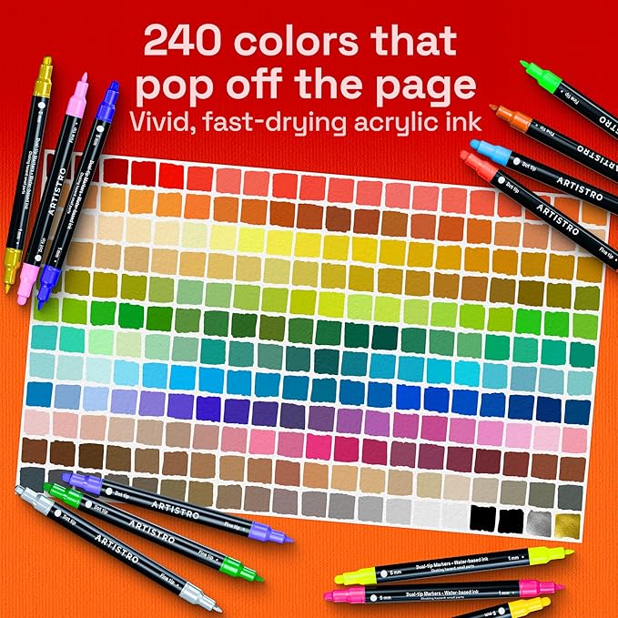 ARTISTRO 240 Precision Dual-Tip Acrylic Paint Markers – Paint Pens Set with Dot & Fine Tips for Fabric, Rock, Glass, Wood, Coloring Books – Classroom & Art Supplies Gift – Teacher Appreciation Gift