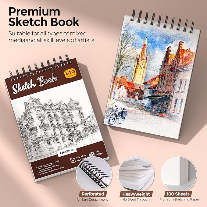 Nicpro 58 PCS Art Drawing Supplies Kit in Leather Case, Art Mechanical Pencil Set with Metal Drafting Pencil 0.3 & 0.5 & 0.7 & 0.9 & 2mm, 12 Micron Pen, Sketch Book, 30 Tube Lead Refills for Sketching