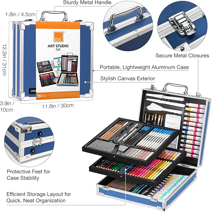 COLOUR BLOCK 151-Piece Professional Art Supply Set with Mixed Media, Paint Kit & Brushes in Aluminum Case, Complete Art Supplies for Adults, All Level Artists, Travel Art Set