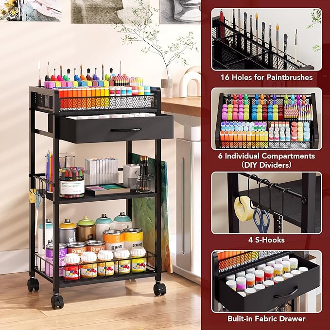 Homsorout 3 Tier Rolling Cart - Metal Utility Cart with Storage Drawer and Wheels, Versatile Art & Craft Organizer for Home, Office, or Studio Ideal for Storing Brushes, Paints, and Supplies Black