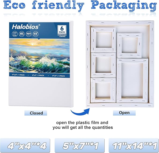 Halobios 6 Packs Stretched Canvases for Painting with 4x4in, 5x7in, 11x14in Canvas, Blank Canvases for Acrylics, Oils & Other Painting Media, 5/8 Inch Profile 100% Cotton Artist Framed Canvas