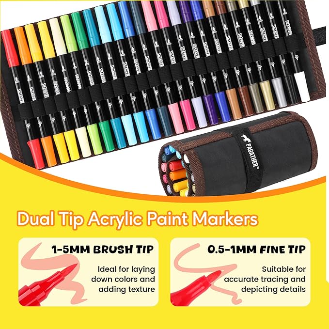 Pagather 24 Colors Acrylic Paint Markers, Dual Tip with Fine Tip and Brush Tip Pens for Stone, Wood, Calligraphy, Canvas, Ceramic, Metal, Glass, Rock Painting, DIY Crafts Art Supplies Kit