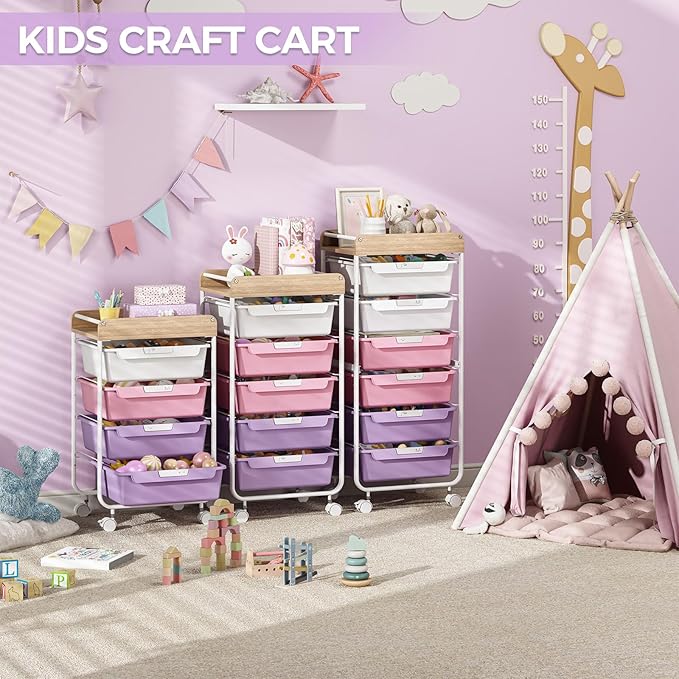 SYKIARIOL Rolling Craft Storage Cart with 4 Drawers,Utility Cart with Drawers,Art Craft Organizers and Storage,Kids Art Craft Cart With DIY Lable and Wooden Tabletop Area, Purple