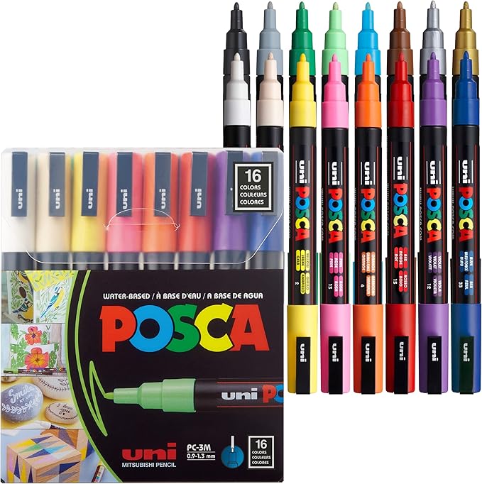 Posca Paint Markers, 3M Fine Tip Point Acrylic Paint Pens with Reversible Tips, Art Supplies For Gifts, Decorations Fabric, Metal, Glass, Wood and Canvas, Set of 16