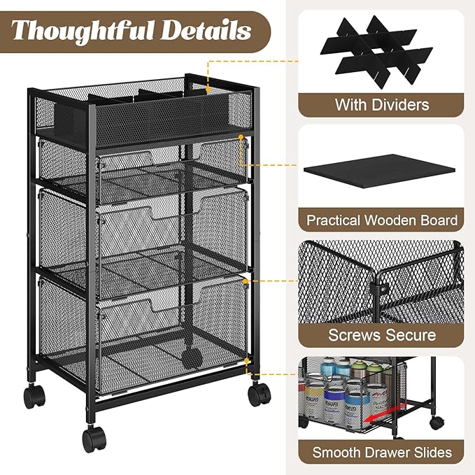 4-Tier Rolling Utility Cart with 3 Drawers, Craft Organizer and Storage with DIY Divider, Art-Craft Supplies with Caster Wheels, Multi-Functional Storage for Classroom, Office, Paints, Artifacts