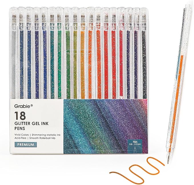 Grabie Capped Glitter Gel Pens, 18 Colors Vibrant Metallic Sparkle Gel Ink Pens for Adult Coloring Books, Drawing, Journaling, Scrapbooking & DIY Crafts, Smooth Writing Colored Art Pens