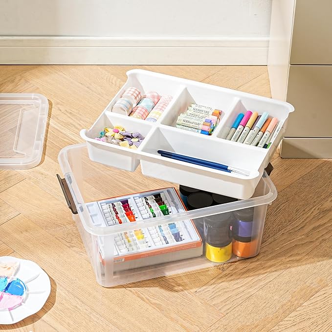 Stebopum 17 QT Plastic Storage Box with Removable Tray Art Supply Craft Organizers and Storage Stackable Storage Container for Organizing Bead, Tool, Sewing, Book, Crayon, Playdoh(Clear)