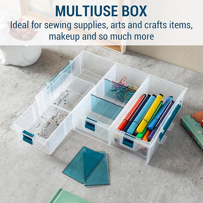 MyGift Single Stackable Tray, Add-on for 11 Inch Clear Arts & Crafts Storage Box with Blue Accents, 9 Compartment Sewing Supplies Organizer 3 Drawers and Removable Dividers
