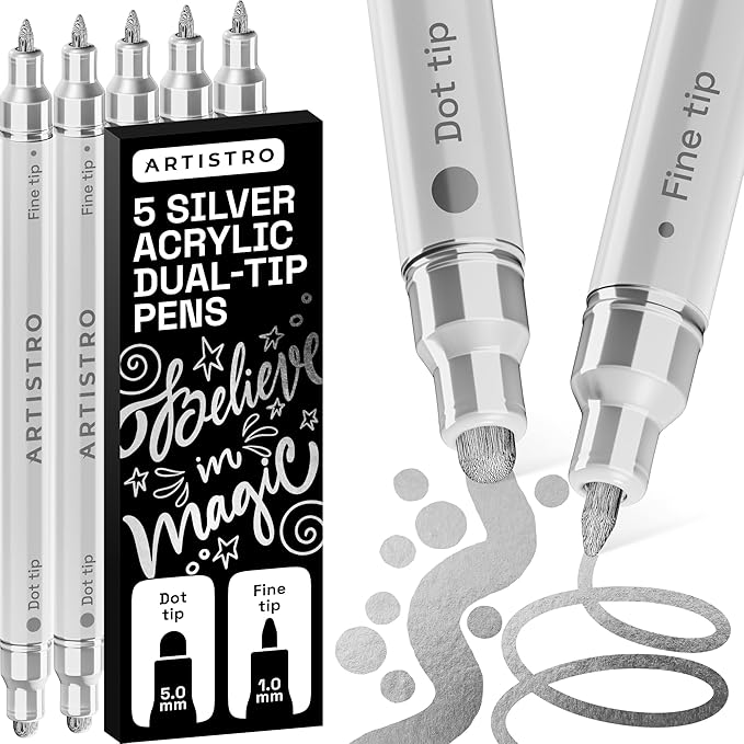 ARTISTRO 5 Silver Precision Dual-Tip Acrylic Paint Markers – Paint Pens Set with Dot & Fine Tips for Fabric, Rock, Glass, Wood, Coloring Books – Classroom & Art Supplies Gift Teacher Appreciation Gift