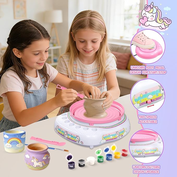 Pottery Wheel for Kids Complete DIY Pottery Painting Kit, Arts and Crafts for Kids Ages 8-12 with 3 Air-Dry Clay Packs and Tools, Unicorn Art Supplies Toys Birthday Gift for Boys Girls 6+ Years Old