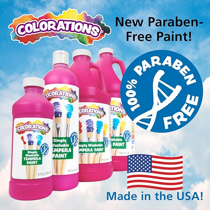 Colorations Paraben-Free Simply Washable Tempera Paint, Rainbow Plus 8 Pack, Matte Finish, Classroom Supplies, Vibrant Colors, Non-Toxic, Washes Off Easily, School, Craft, Art Supply Set, Each 16oz