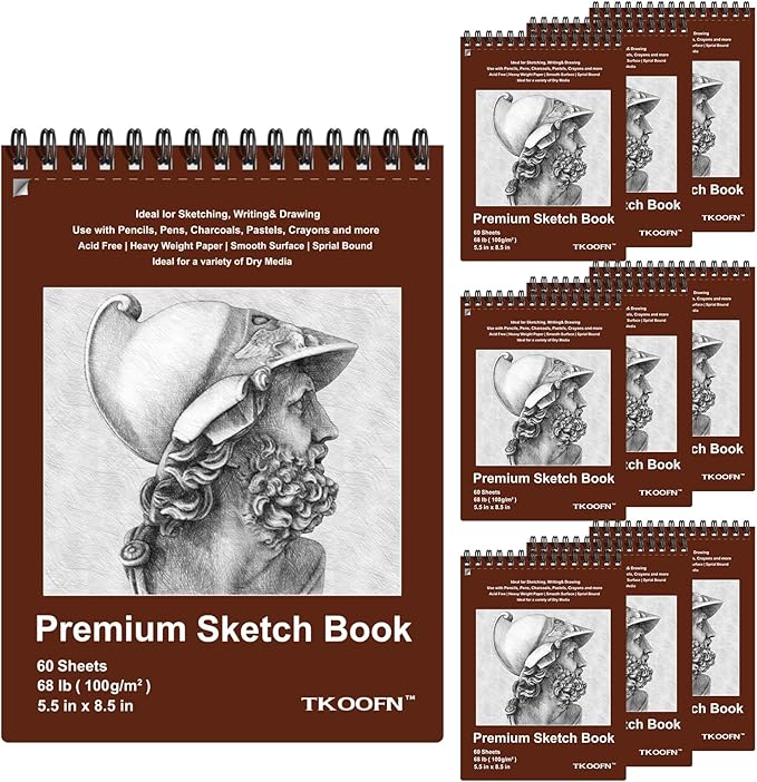 TKOOFN 10 Pack 5.5" x 8.5" Sketch Book Bulk (600 Sheet Total), Top Spiral Bound Premium Sketchbook Drawing Pads(68lb/100gsm), Acid-Free Painting Paper Drawingbook for Adults Kids Artists Beginners