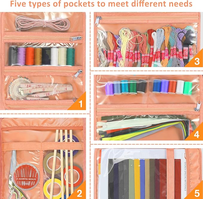 FINPAC Sewing and Craft Supplies Storage Tote, Large Capacity Travel Packing Organizer Bag with Clear Pockets and Handle for Knitting, Crochet, Art, Sewing Accessories