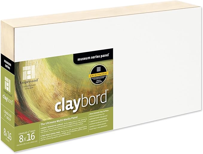 Ampersand Art Supply Claybord | 8" x 16" | 2" Cradled Profile | Kaolin Clay Painting Panel for Acrylic, Ink, Watercolor & Mixed Media | Canvas & Paper Alternative