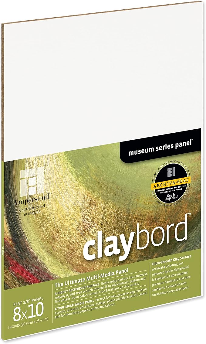 Ampersand Art Supply Claybord | 8" x 10" | 1/8" Flat Profile | Kaolin Clay Painting Panel for Acrylic, Ink, Watercolor & Mixed Media | Canvas & Paper Alternative