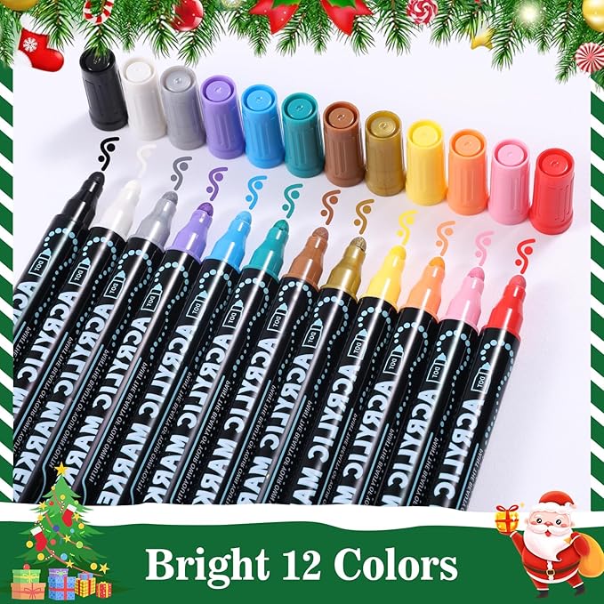 12 Colors Dual Tip Acrylic Paint Markers, Premium Dot & Fine Tip Coloring Paint Pens for Rock, Wood, Fabric, Canvas, Glass, Paper, Ceramic, Scrapbook, Vision Board and DIY Crafts Supplies Art Gifts