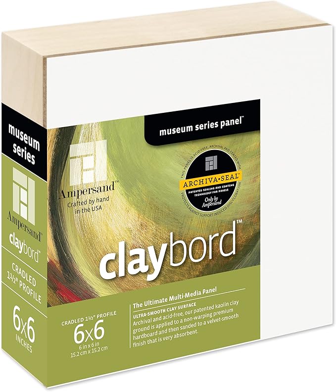 Ampersand Art Supply Claybord | 6" x 6" | 1-1/2" Cradled Profile | Kaolin Clay Painting Panel for Acrylic, Ink, Watercolor & Mixed Media | Canvas & Paper Alternative