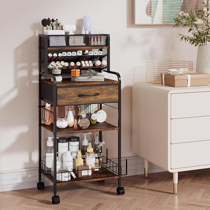 Homsorout Art cart, 3 Tier Rolling Cart - Utility Cart with Storage Drawer and Wheels, Versatile Art & Craft Organizer for Home, Office, or Studio Ideal for Storing Brushes, Paints （Brown）