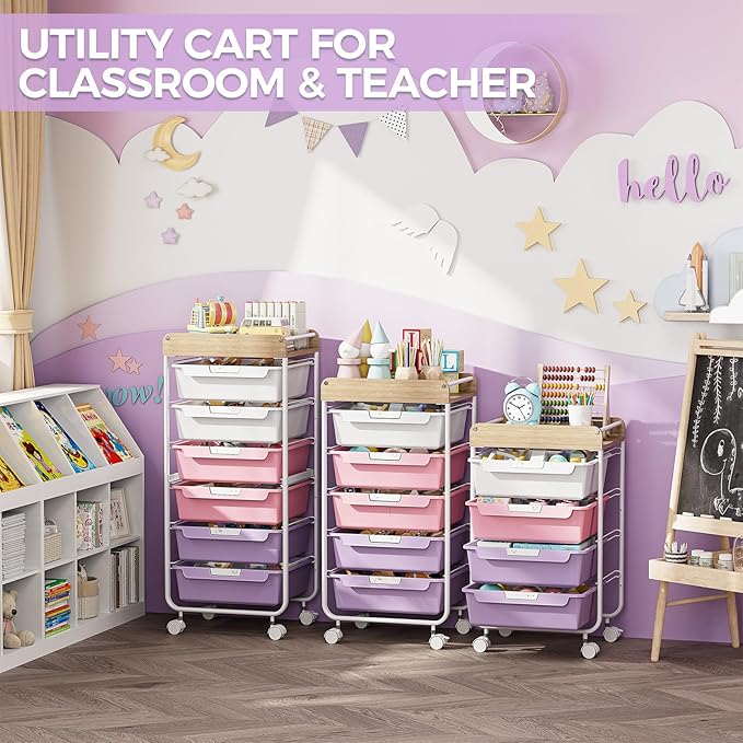 SYKIARIOL Rolling Storage Utility Cart with 5 Drawers,Craft Cart with Wheels,Makeup Organizer,Art Supply and Storage Wooden Tabletop,Purple