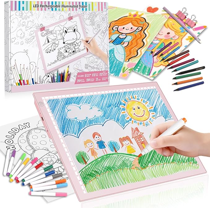 LED Drawing Tablet Kits Pink - 15" Light Board for Diamond Painting Accessories, Best Birthday, Holiday Gifts Toy for Kids Girls 3,4,5,6,7,8,9,10,11,12 Year Old, Back to School Art Travel Essentials