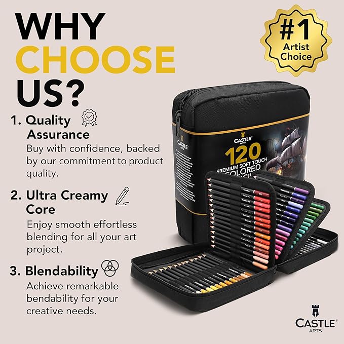 Castle Art Supplies 120 Coloring Pencils Zipper-Case Set | Premium Quality Soft Core Colored Leads for Adult Artists, Professionals and Colourists | In Neat, Strong Carry-Anywhere Zipper Pouch