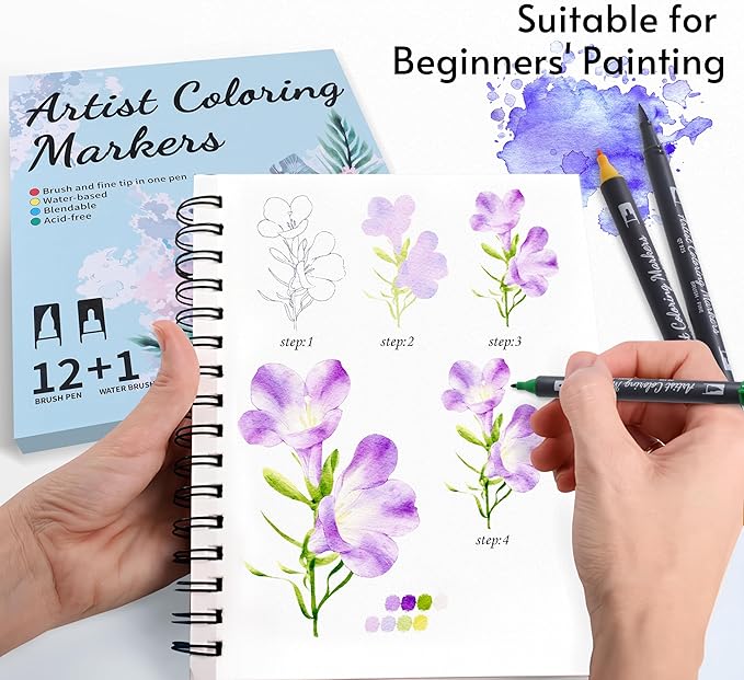 TOSHARE 12 Colors Blendable Watercolor Markers for Adults 2026 Professional Double Tip Paint Pens with 1 Water Brush Pen Water Based Coloring Pens Drawing Markers Set with Flexible Brush Tip